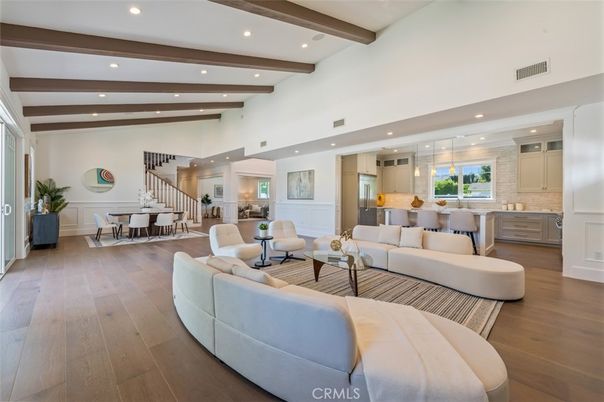 Dining room, Interior, Living room, Pendant Lights, Recessed Lighting, Wooden Beams, Wood Texture Flooring