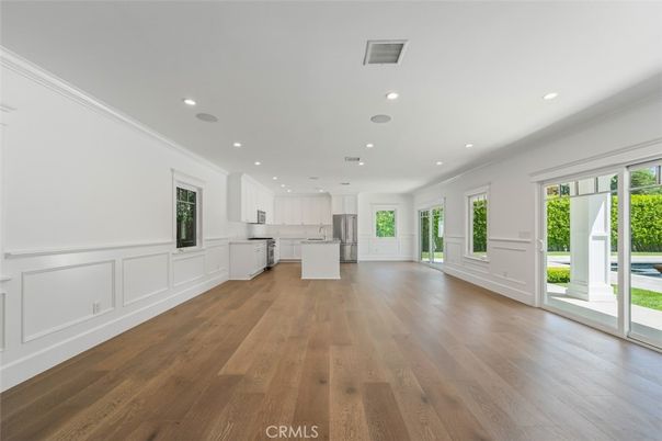 Empty room, Interior, Kitchen, Recessed Lighting, Wood Texture Flooring