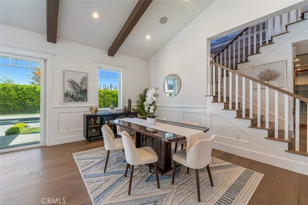 Dining room, Interior, Recessed Lighting, Wooden Beams, Wood Texture Flooring