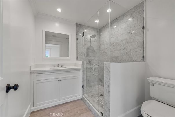 Bathroom, Glass Shower, Interior, Marble Walls, Recessed Lighting