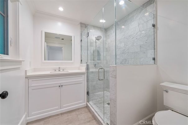 Bathroom, Glass Shower, Interior, Marble Walls, Recessed Lighting