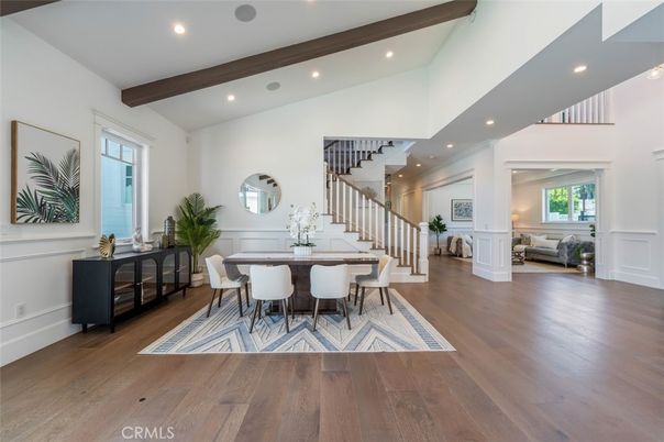 Dining room, Interior, Recessed Lighting, Wooden Beams, Wood Texture Flooring