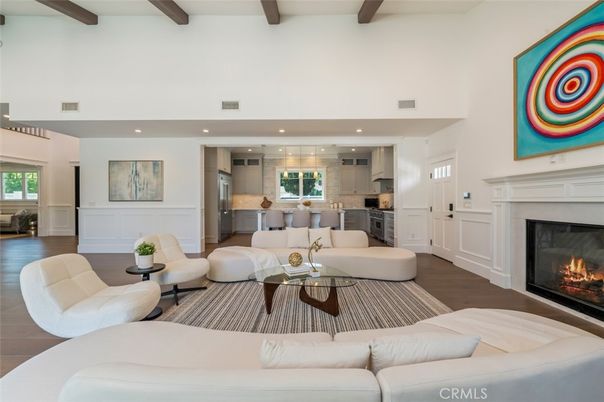 Fireplace, Interior, Kitchen, Living room, Pendant Lights, Recessed Lighting, Stainless Steel Appliances, Wooden Beams, Wood Texture Flooring