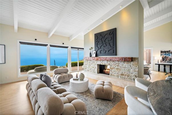 Fireplace, Interior, Living room, Recessed Lighting, Water, Wood Texture Flooring