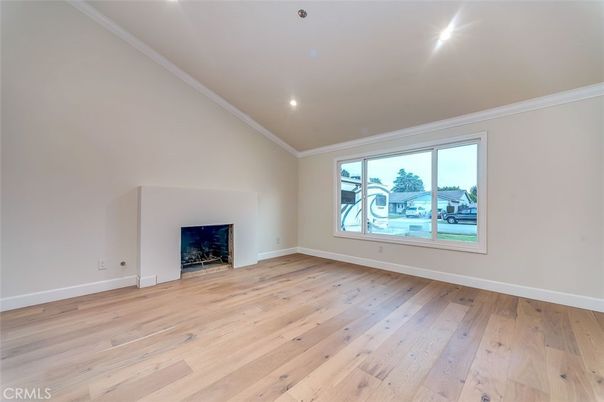 Empty room, Fireplace, Interior, Recessed Lighting, Wood Texture Flooring