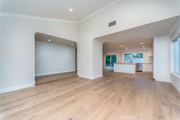 Empty room, Interior, Kitchen, Recessed Lighting, Wood Texture Flooring