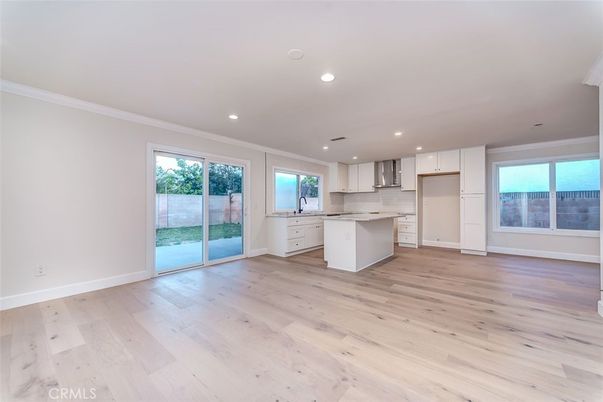 Empty room, Interior, Kitchen, Recessed Lighting, Wood Texture Flooring