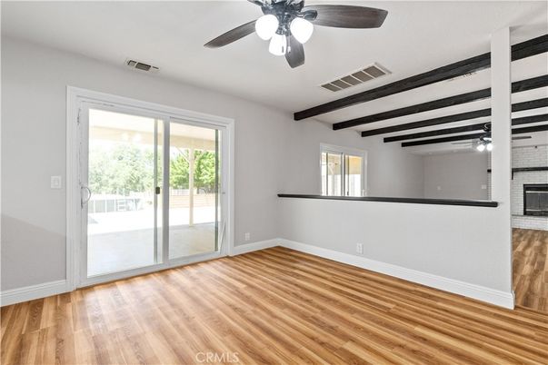 Empty room, Fireplace, Interior, Wooden Beams, Wood Texture Flooring