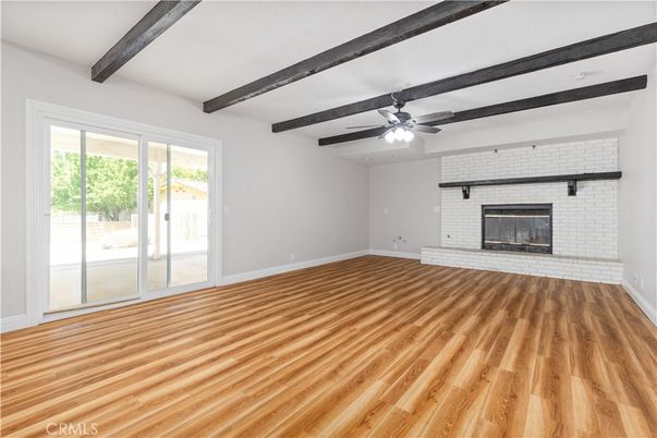 Empty room, Fireplace, Interior, Wooden Beams, Wood Texture Flooring