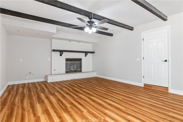 Empty room, Fireplace, Interior, Wooden Beams, Wood Texture Flooring