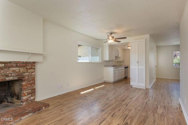 Empty room, Fireplace, Interior, Kitchen, Wood Texture Flooring
