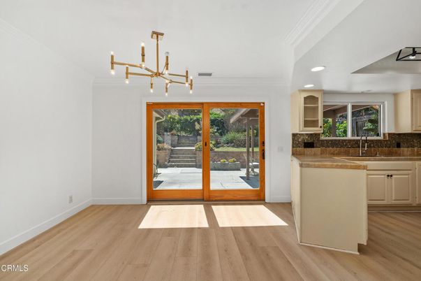 Empty room, Interior, Kitchen, Pendant Lights, Recessed Lighting, Wood Texture Flooring