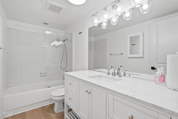 Bathroom, Glass Shower, Interior, Recessed Lighting, Wood Texture Flooring