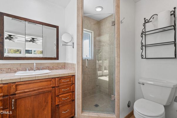 Bathroom, Glass Shower, Interior, Recessed Lighting, Tile Countertops