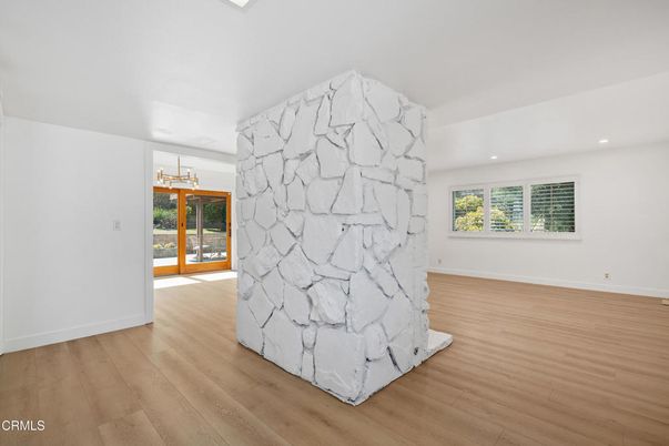 Empty room, Interior, Recessed Lighting, Stone Walls, Wood Texture Flooring