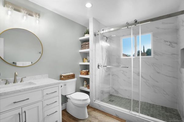 Bathroom, Glass Shower, Interior, Marble Walls, Recessed Lighting, Wood Texture Flooring