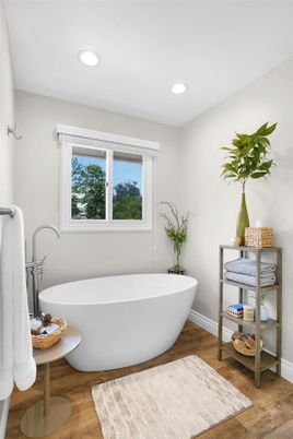 Bathroom, Free Standing Baths, Interior, Recessed Lighting, Wood Texture Flooring