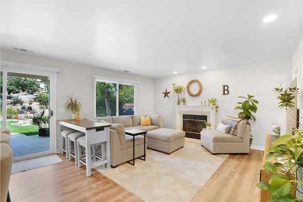 Fireplace, Interior, Living room, Recessed Lighting, Wood Texture Flooring