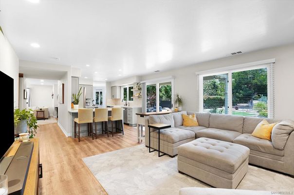 Interior, Kitchen, Living room, Recessed Lighting, Wood Texture Flooring