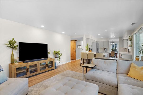 Interior, Kitchen, Living room, Recessed Lighting, Stainless Steel Appliances, Wood Texture Flooring