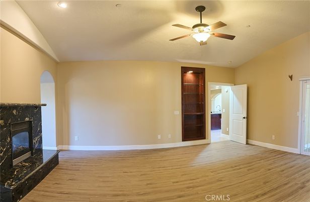 Empty room, Fireplace, Interior, Recessed Lighting, Wood Texture Flooring