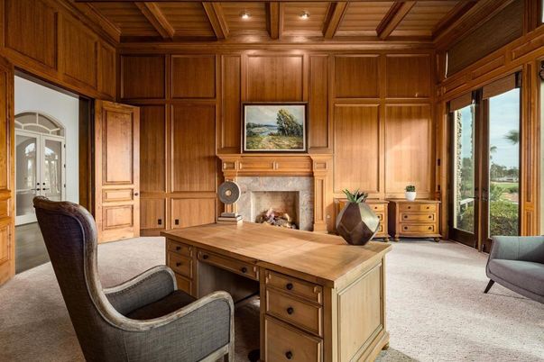 Fireplace, Home Office, Interior, Recessed Lighting, Wooden Beams, Wooden Ceilings, Wooden Walls