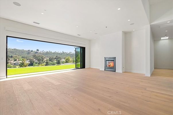 Empty room, Fireplace, Interior, Recessed Lighting, Wood Texture Flooring