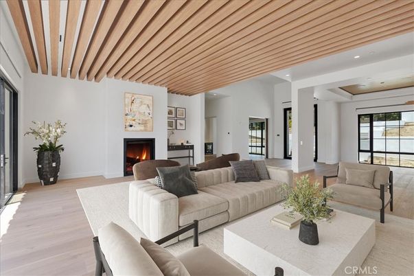 Fireplace, Interior, Living room, Recessed Lighting, Wooden Ceilings, Wood Texture Flooring