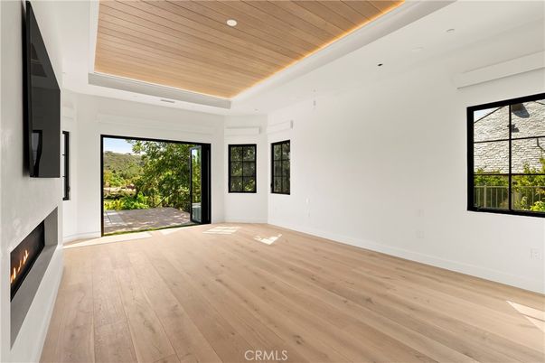 Empty room, Fireplace, Interior, Recessed Lighting, Wooden Ceilings, Wood Texture Flooring