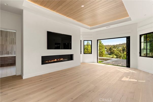 Empty room, Fireplace, Interior, Recessed Lighting, Wooden Ceilings, Wood Texture Flooring