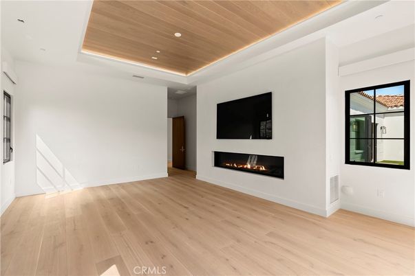 Empty room, Fireplace, Interior, Recessed Lighting, Wooden Ceilings, Wood Texture Flooring