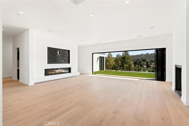 Empty room, Fireplace, Interior, Recessed Lighting, Wood Texture Flooring