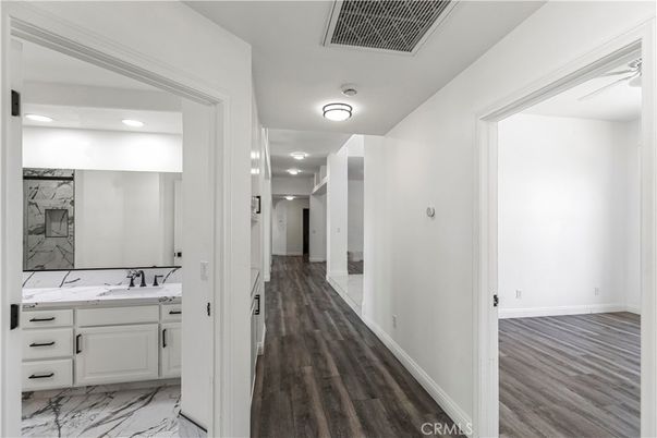 Bathroom, Interior, Marble, Recessed Lighting, Wood Texture Flooring