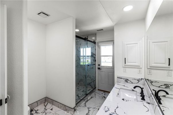 Bathroom, Glass Shower, Interior, Marble, Marble Walls, Recessed Lighting