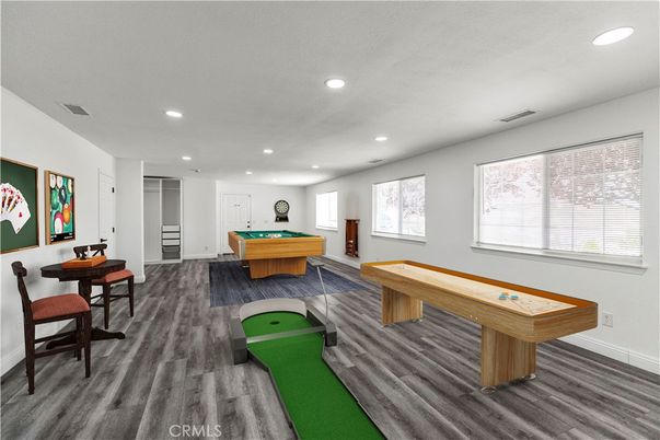 Billiard Table, Game Room, Interior, Recessed Lighting, Wood Texture Flooring