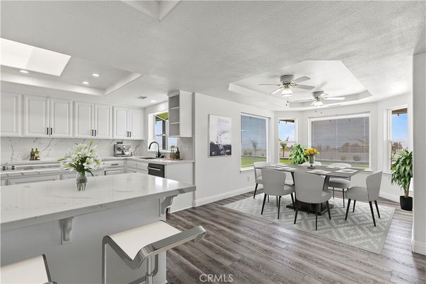 Dining room, Interior, Kitchen, Recessed Lighting, Stainless Steel Appliances, Wood Texture Flooring