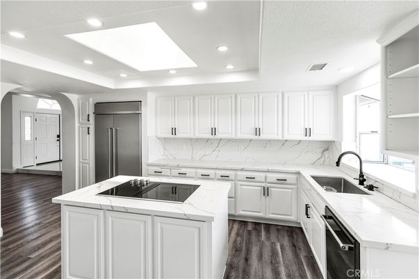 Interior, Kitchen, Marble Walls, Recessed Lighting, Wood Texture Flooring