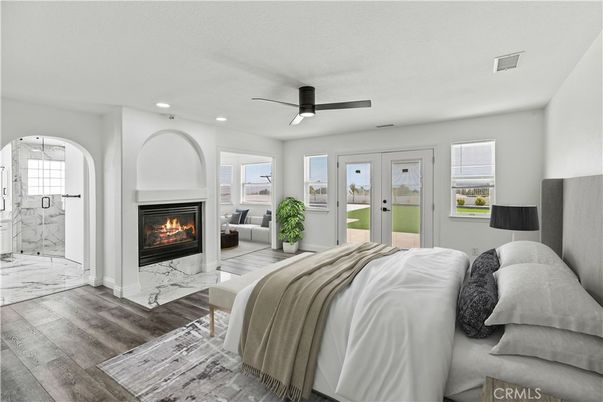 Bedroom, Fireplace, Interior, Marble, Recessed Lighting, Wood Texture Flooring