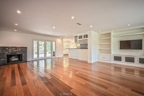 Empty room, Fireplace, Interior, Pendant Lights, Recessed Lighting, Wood Texture Flooring