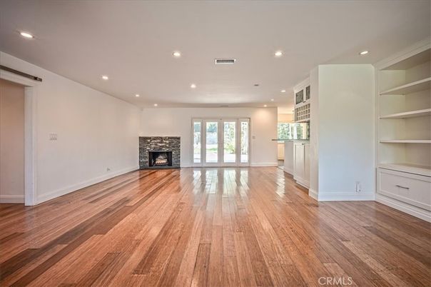 Empty room, Fireplace, Interior, Recessed Lighting, Wood Texture Flooring