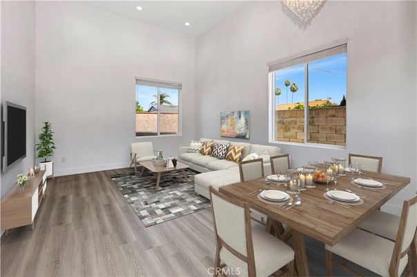 Dining room, Interior, Living room, Recessed Lighting, Wood Texture Flooring