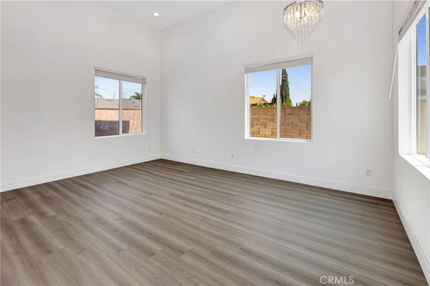 Chandelier, Empty room, Interior, Recessed Lighting, Wood Texture Flooring