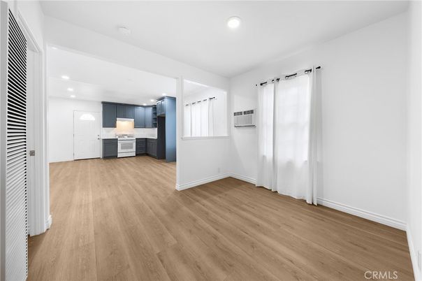 Empty room, Interior, Kitchen, Recessed Lighting, Wood Texture Flooring