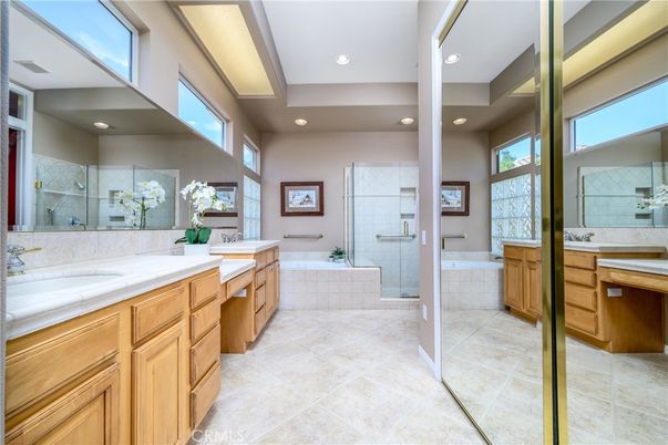Bathroom, Dual Sink Vanities, Glass Shower, Interior, Recessed Lighting, Tile Countertops