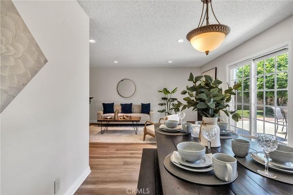 Dining room, Interior, Living room, Recessed Lighting, Wood Texture Flooring