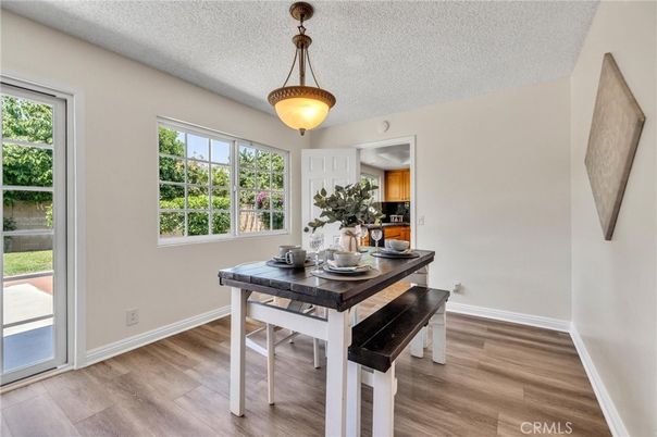 Dining room, Interior, Pendant Lights, Wood Texture Flooring