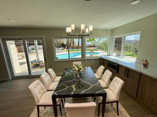 Chandelier, Dining room, Interior, Recessed Lighting, Wood Texture Flooring