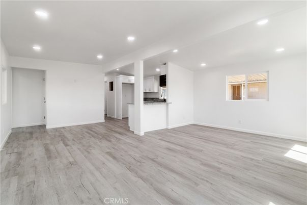 Empty room, Interior, Kitchen, Recessed Lighting, Wood Texture Flooring