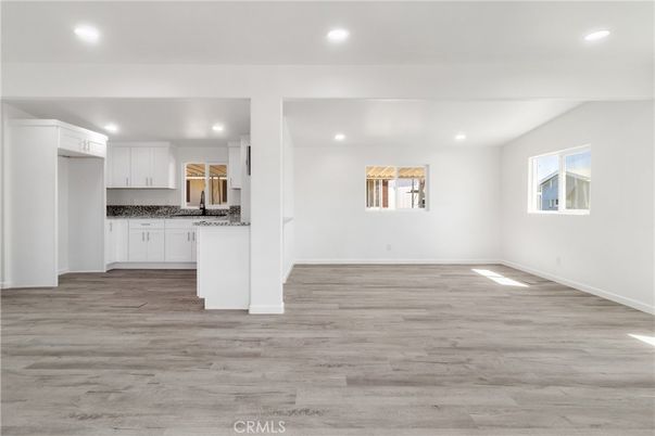 Empty room, Interior, Kitchen, Recessed Lighting, Wood Texture Flooring
