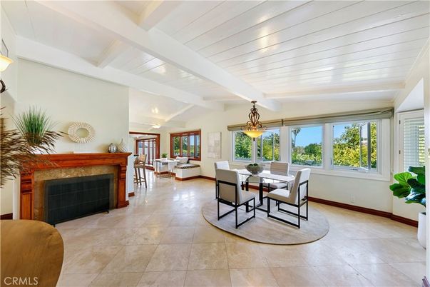 Dining room, Fireplace, Interior, Pendant Lights
